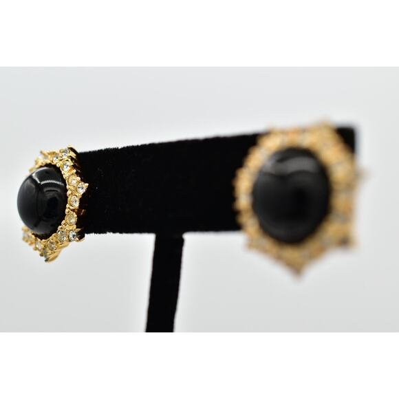 Christian Dior Vintage Black Cabochon Earrings Crystal Gold NOS Signed 80s BinQ - Picture 3 of 12
